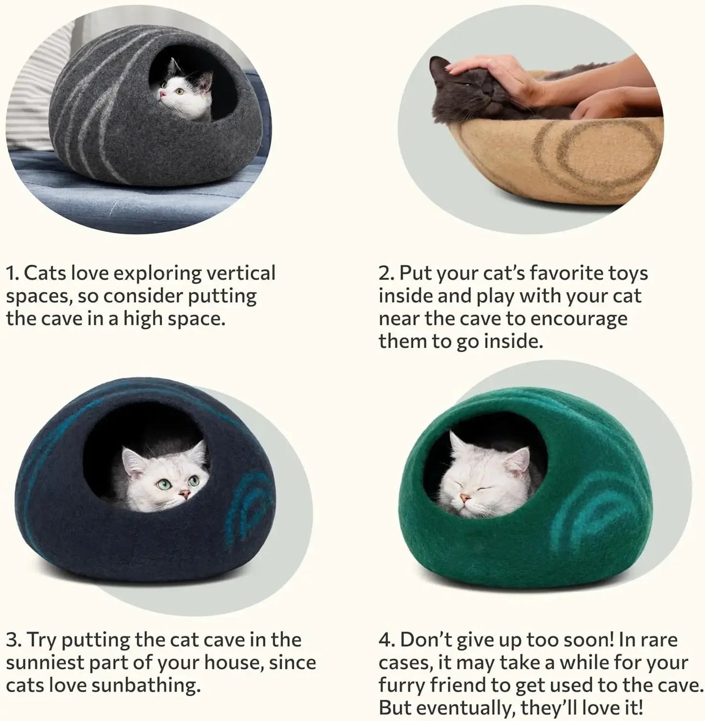 Handmade Felt Cat Bed Cave - 100% Merino Wool Eco-Friendly Cat House for Cats and Kittens