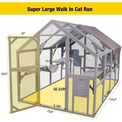 Large Outdoor Cat Enclosure with Bridges, Walks, Small Houses, and Waterproof Roof Cover