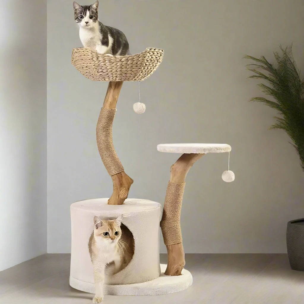 Modern Cat Tree Tower for Small Indoor Cats - Real Wood Construction, Scratch Post, and Cozy Perches for Climbing and Relaxation