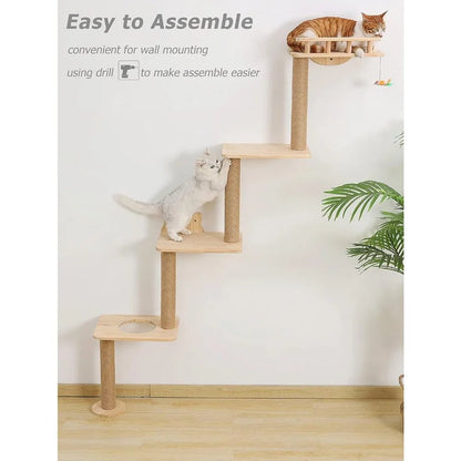 Wall-Mounted Cat Tree with 4 Levels, 73" Wood Corner Tower, and Sisal Rope Scratching Post