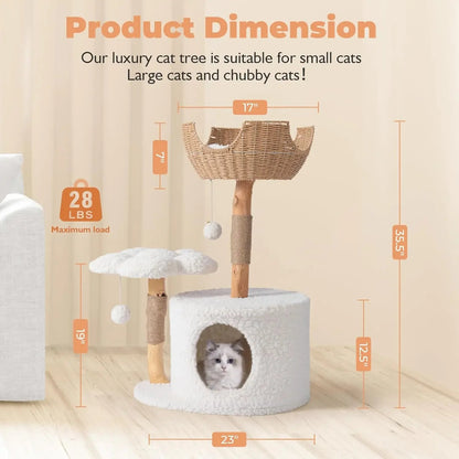 Luxury Cat Tree Tower for Large Cats - Modern Wooden Cat Condo with Real Branch