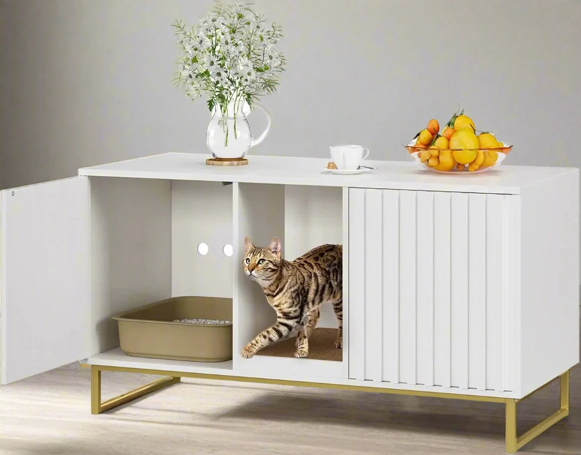 47.6" Hidden Litter Box Furniture - Double Room Large Cat Cabinet with Cat Scratch Pad, TV Stand & Side Table