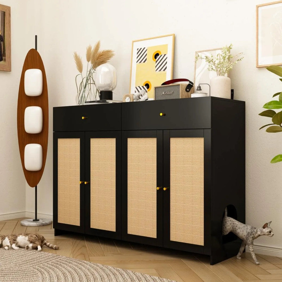 Modern Large Cat House with Sisal Doors - Black Cat Litter Box Enclosure Furniture with 2-Drawers