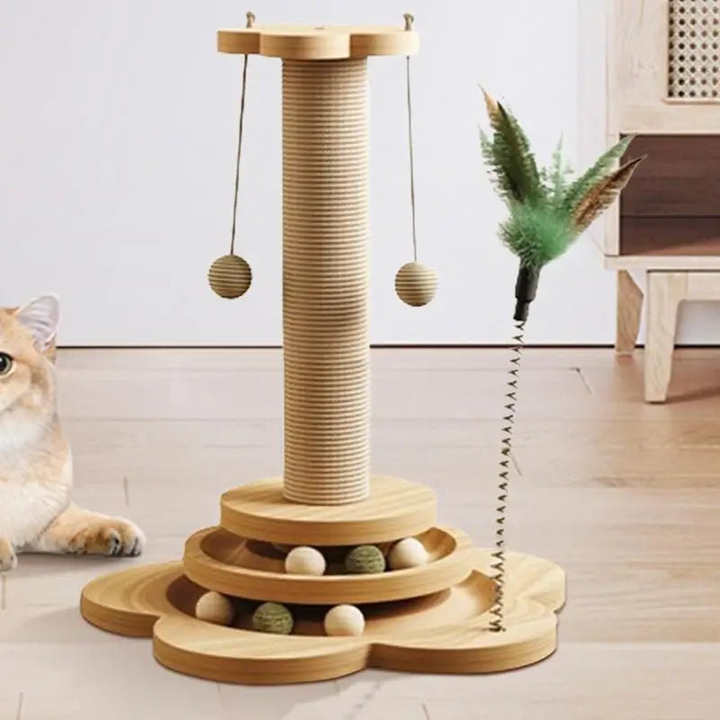 Solid Wood Cat Turntable Toy with Sisal Scratching Board, Feather Toy, and Unique Design