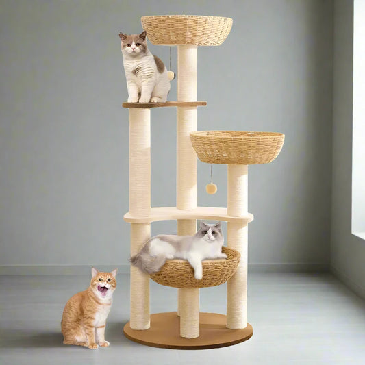 Wood Cat Tree Tower - 5-Tier Modern Luxury Cat Condo with Real Branches and Natural Materials for Medium to Large Cats