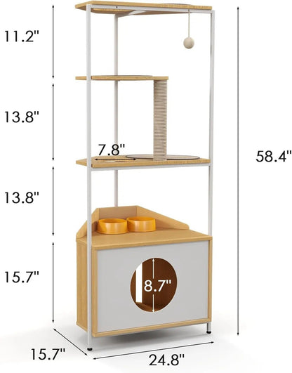 Corner Cat Tree with Scratching Post, Feeding Station, Climbing Platforms, and Space-Saving Design