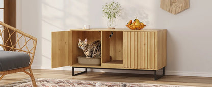 47.6" Hidden Litter Box Furniture - Double Room Large Cat Cabinet with Cat Scratch Pad, TV Stand & Side Table