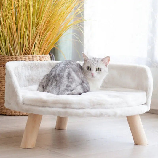 Luxury Soft Cat Bed - Warm Plush Fabric Pet Nesting Chair Bed with Solid Wood Legs, Removable Cushion Pad