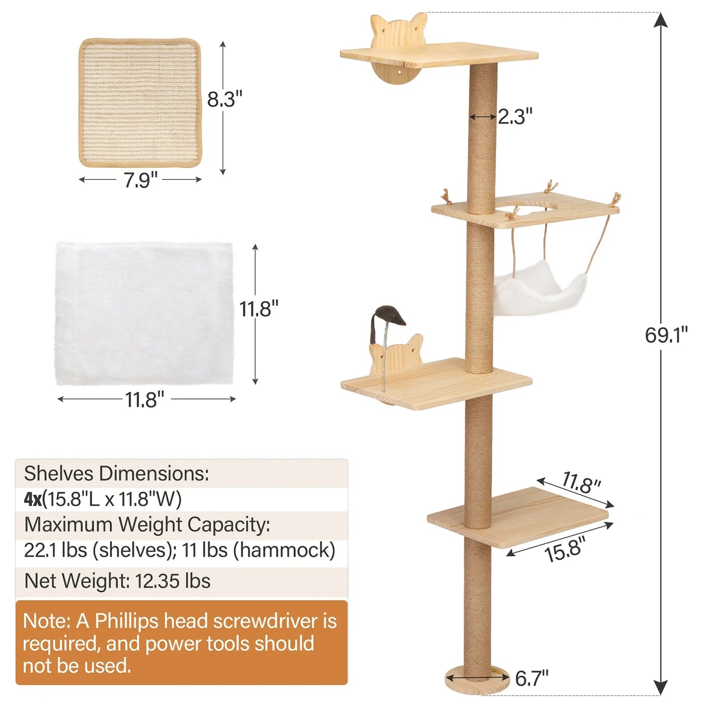 Wall-Mounted Cat Scratching Pad with Hammock, Perches, and Durable Wood Construction for Small to Large Cats