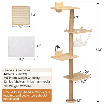 Wall-Mounted Cat Scratching Pad with Hammock, Perches, and Durable Wood Construction for Small to Large Cats