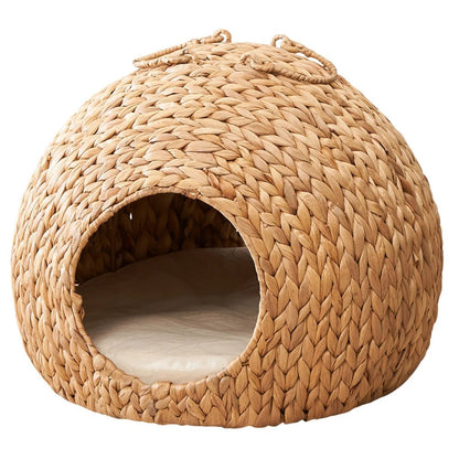 Water Hyacinth Woven Wicker Round Cat Bed Cave - Eco-Friendly, Luxurious, and Cozy Resting Place for Cats