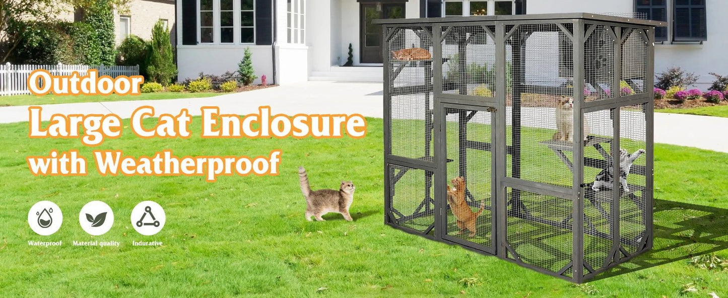 Large Outdoor Catio Wooden Cat House with Weatherproof Roof, Indoor Playpen, and Platform