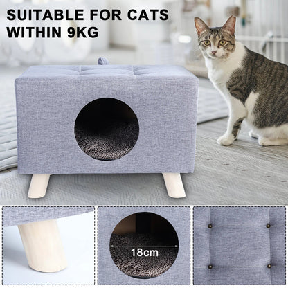 Cat Nest, Pet House Bench - Wooden Pet House Cat Cave with Soft Mat