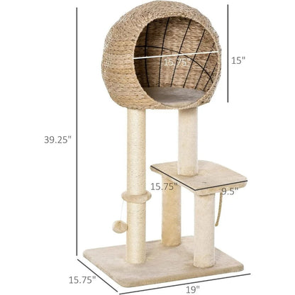 39" Cat Tree with Sisal Scratching Post, Condo, Hanging Rope, and Plush Fabric