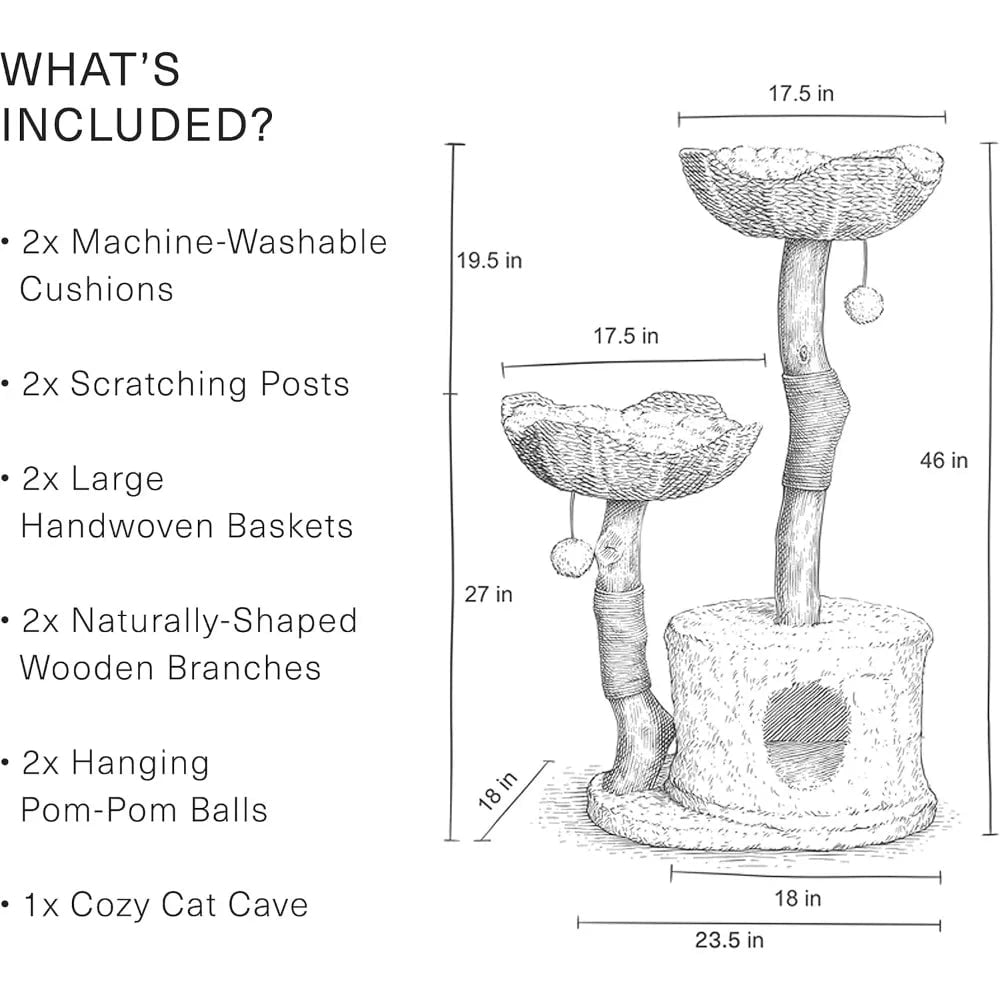 Modern Luxury Cat Tree Tower for Large Cats - 3-Layer Real Branch Cat Condo with Scratching Tree and Unique Design