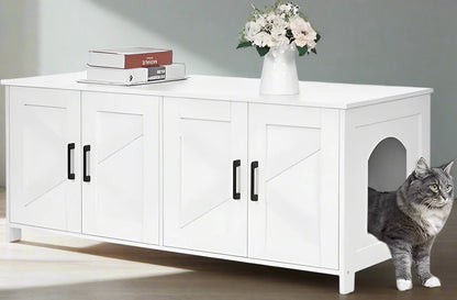 Catitude White Cat Litter Box Enclosure for 2 Cats - Wooden Cat Washroom Furniture with Double Room