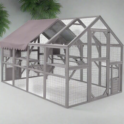 Catitude Large Outdoor Cat Enclosure with Bridges, Walks, Small Houses, and Waterproof Roof Cover