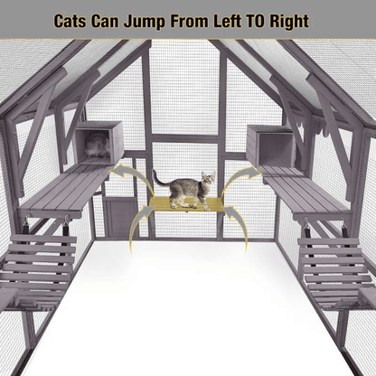 Catitude Large Outdoor Cat Enclosure with Bridges, Walks, Small Houses, and Waterproof Roof Cover