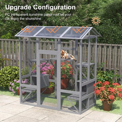 Catitude Large Outdoor Cat Enclosure with Waterproof Cover, Sunshine Panel Roof, and Secure Structure