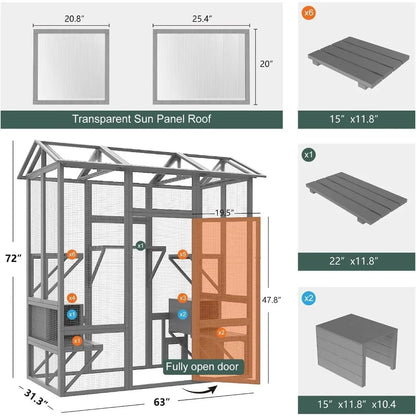 Catitude Large Outdoor Cat Enclosure with Waterproof Cover, Sunshine Panel Roof, and Secure Structure