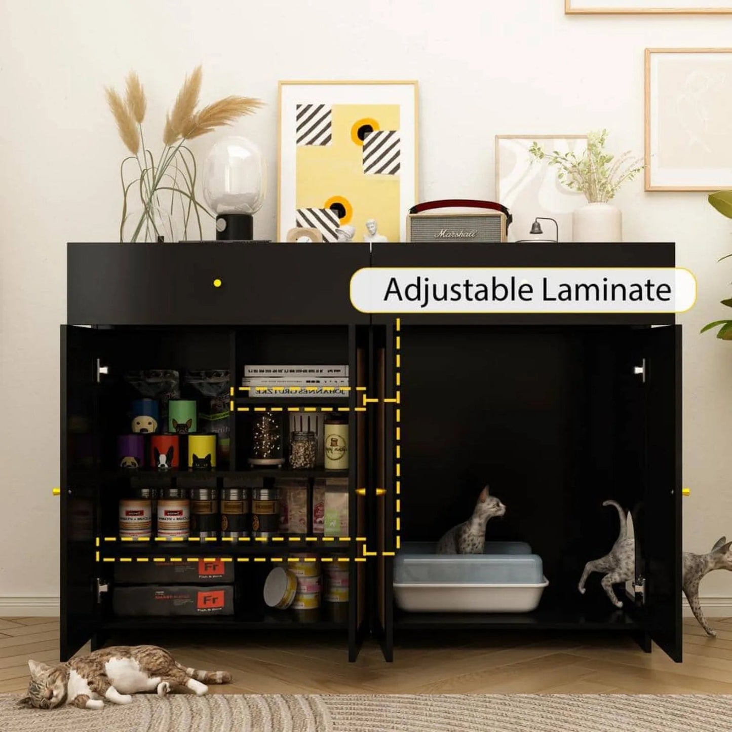Catitude Modern Large Cat House with Sisal Doors - Black Cat Litter Box Enclosure Furniture with 2-Drawers