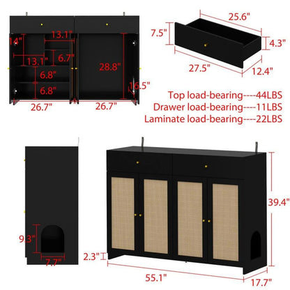 Catitude Modern Large Cat House with Sisal Doors - Black Cat Litter Box Enclosure Furniture with 2-Drawers