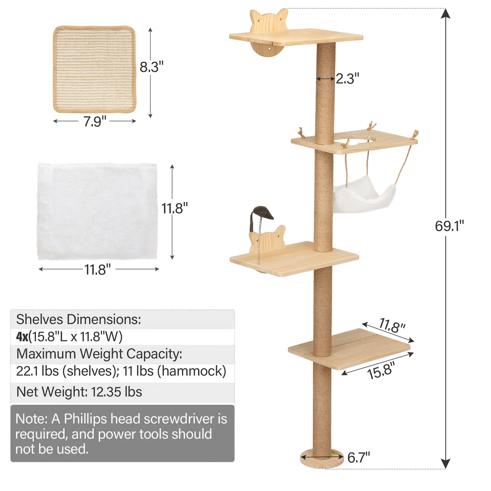 Catitude Wall-Mounted Cat Scratching Pad with Hammock, Perches, and Durable Wood Construction for Small to Large Cats