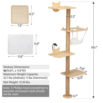 Catitude Wall-Mounted Cat Scratching Pad with Hammock, Perches, and Durable Wood Construction for Small to Large Cats