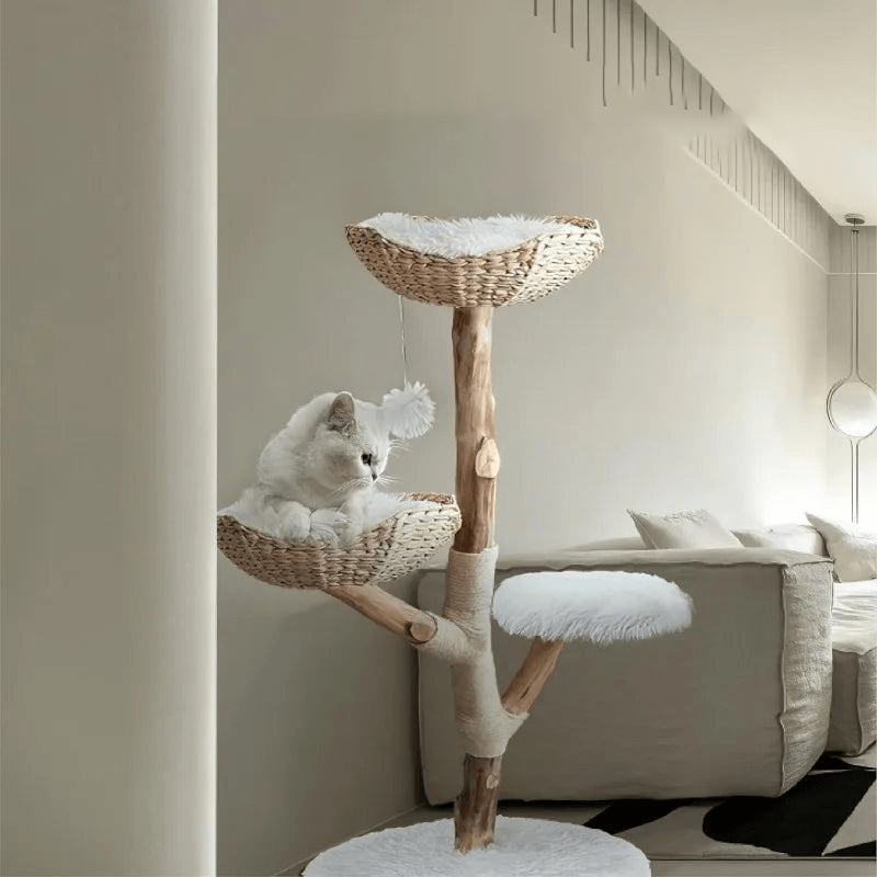 Catitude Wooden Cat Tree Tower - Unique Heavy Duty Cat Tower with Real Wood Branches and Luxurious Cat Furniture for Large Breeds